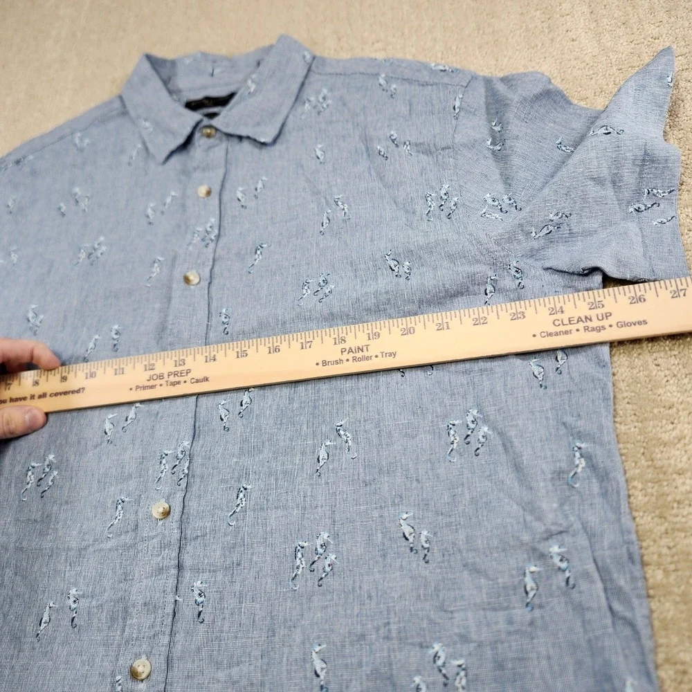 Banana Republic Linen Blend Shirt Men‎ XL Seahorse AOP Chambray Blue Slim Fit